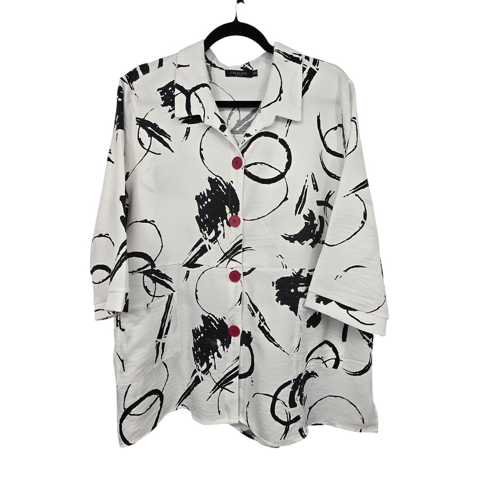Creation Abstract Artsy Button Up Shirt Women XXL White Black Flowy Lagenlook